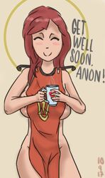 banner big_breasts blush closed_eyes drawfag female holding hopoo_games mug naked_apron nipples personification red_hair revealing_clothes ring risk_of_rain smile steam text unknown_artist warbanner