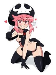 1girls absurdres ass black_gloves black_legwear blush breasts butt_crack collarbone female female_only gloves groin hat heart highres in_heat jakuzure_nonon kill_la_kill kneeling looking_at_viewer mergeritter nipples nudist_beach_uniform parted_lips petite pink_hair red_eyes shiny shiny_clothes shiny_hair short_hair simple_background small_breasts smile solo sweat teeth thighhighs uniform white_background