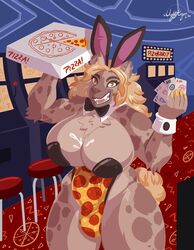 anthro big_breasts bodily_fluids boon_digges bow_tie breasts bunny_ears_(disambiguation) casino chest_tuft cleavage clothed clothing cuffs_(disambiguation) cum cum_on_breasts food genital_fluids gynomorph hi_res hyaenid intersex looking_at_viewer mammal nightargen one-piece_swimsuit pizza slot_machines solo spotted_hyena swimwear text tuft