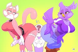 1boy 2girls anon anthro ass bent_over big_ass big_breasts bird blush boots breasts bubble_butt clothing dress feline female huge_breasts huge_butt male melissa_morgan pants pink_fur planet_dolan purple_body purple_feathers question_mark_eyes shima_luan skirt super_planet_dolan thick_thighs upskirt vimhomeless