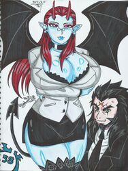 1boy beard big_breasts black_hair black_skirt black_tail black_wings blue_skin breast_rest bursting_breasts business_suit choker classy cleavage crossed_arms curvy demon demon_ears demon_girl demon_tail demon_wings eyelashes eyeshadow facial_scar female_focus hand_drawn handdrawn hourglass_figure long_hair male membranous_wings milf miniskirt office_lady original_character pencil_(artwork) pencil_skirt pointy_ears purple_eyes raidon_dimentional_land red_hair seductive shiny_skin short_ears short_skirt side_slit signature skirt solo_focus spade_tail spiky_hair succubus tail thick_thighs tight_skirt wide_hips wings