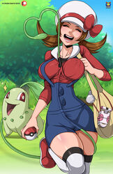 1girls alternate_breast_size breasts chikorita human kyoffie lyra_(pokemon) nintendo overalls patreon pokémon_(species) pokemon pokemon_gsc pokemon_hgss pokephilia text twintails url vines watermark