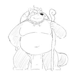 2020 anthro asian_clothing balls belly canid canine clothing east_asian_clothing flappydog fundoshi genitals japanese_clothing kemono leaf male male_only mammal monochrome navel overweight overweight_male raccoon_dog simple_background solo tanuki underwear