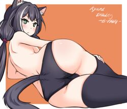 1girls animal_ears ass b-pang back black_hair black_legwear black_panties breasts cat_ears cat_tail catgirl female green_eyes hand_on_thigh kyaru_(princess_connect) long_hair looking_at_viewer looking_back low_twintails panties princess_connect! princess_connect!_re:dive sideboob solo streaked_hair tail thighhighs topless twintails two-tone_hair underwear white_hair