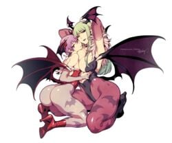 2demons 2girls arms_behind_head ass bangs barefoot bat_print bat_wings big_ass boots breast_press breasts bridal_gauntlets capcom cleavage clothed clothing darkstalkers dat_ass demon_girl detached_sleeves duo fangs female female_only fishine flat_chest footwear fur_trim green_hair head_wings high_heel_boots high_heels highres huge_breasts incest kneeling large_breasts leggings leotard lilith_aensland long_hair looking_at_viewer morrigan_aensland multiple_girls nipple_bulge open_smile pink_hair posing semi_incest short_hair siblings simple_background sisters skin_tight small_breasts smile succubi succubus thick_thighs url very_long_hair white_background wings yuri