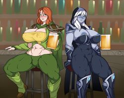 2girls abs areolae big_breasts breasts dota_2 drow_ranger female female_only large_breasts lewdreaper looking_at_viewer muscles muscular muscular_female nipples spread_legs thick_thighs venus_body wide_hips windranger