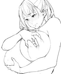 blush breast_grab busty close-up embarrassed female gigantic_breasts holding_breast monochrome nude obmas_(pfeito) pointy_ears puffy_areola rough_sketch sketch solo