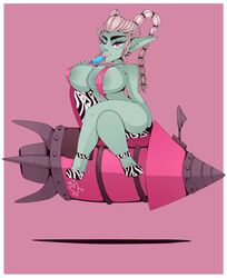 bikini blonde_hair confident fake_breasts food goblin goblin_female green_skin huge_breasts large_breasts lipstick micro_bikini pink_lipstick pinkooze pinup pointy_ears popsicle pose posing rocket shortstack vehicle wink winking world_of_warcraft