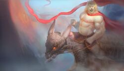 absurd_res anthro balls belly_hair blonde_hair body_hair chest_hair dragon dragon_rider duo erection felid genitals glowing glowing_eyes hair hi_res horn humanoid_penis lion male male_only mammal mane muscular nipples pantherine penis pubes scalie solo yinhu885