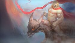 absurd_res anthro balls belly_hair blonde_hair body_hair chest_hair dragon dragon_rider duo erection felid genitals glowing glowing_eyes hair hi_res horn humanoid_penis lion male male_only mammal mane muscular nipples pantherine penis pubes scalie solo yinhu885