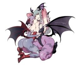 2demons 2girls arms_behind_head ass bangs barefoot bat_print bat_wings big_ass boots breast_press breasts bridal_gauntlets capcom cleavage clothed clothing darkstalkers dat_ass demon_girl detached_sleeves duo fangs female female_only fishine flat_chest footwear fur_trim green_hair head_wings high_heel_boots high_heels highres huge_breasts incest kneeling large_breasts leggings leotard lilith_aensland long_hair looking_at_viewer morrigan_aensland multiple_girls nipple_bulge open_smile pink_hair posing semi_incest short_hair siblings simple_background sisters skin_tight small_breasts smile succubi succubus thick_thighs url very_long_hair white_background wings yuri