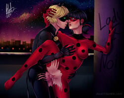 1boy 1girls adrien_agreste adrienette artist_request black_hair blue_eyes breast_grab cat_noir cityscape female green_eyes hand_in_hair hand_on_waist hand_on_wall ladybug_(character) looking_at_each_other marinette_cheng marinette_dupain-cheng mask miraculous_ladybug night nipples_visible_through_clothing sex skin_tight_suit straight torn_legwear uncensored vaginal vaginal_penetration vaginal_sex