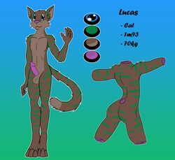 brown_body domestic_cat erection felid feline felis genitals gesture lucas_(lukanaya) male mammal markings model_sheet mrtaw penis waving