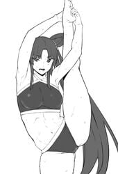 armpits cameltoe feet female fit fitness large_breasts leg_lift leg_up long_hair looking_at_viewer midriff monochrome navel obmas_(pfeito) open_mouth sketch skin_tight solo sports_bra sportswear spread_legs stretching sweat very_long_hair white_background