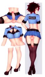 1futa balls bluefield bottomless_skirt brown_hair casual cock-tail dickgirl erect_penis erection footwear futa_only futanari high_heels human intersex legwear looking_at_viewer looking_back miniskirt navel no_panties pale_skin penis police_uniform ruby_rose rwby short_hair simple_background solo stockings uniform