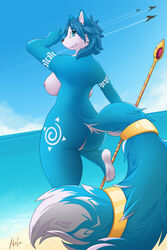 absurd_res adventures anthro armpits ass beach blue_body blue_fur canid canine cloud digital_media_(artwork) feet female fox fur genitals halu hi_res krystal mammal melee_weapon nintendo nude polearm pussy sea seaside spear star star_fox video_games water weapon