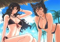 2girls beach belly_button bikini black_hair breasts cat_ears drill5mm female female_only kali_belladonna kitty leaning_on_hands long_hair looking_at_viewer mature_female milf one_eye_closed palm_trees pierced_ears pinup raven_branwen rwby short_hair smiling smiling_at_viewer