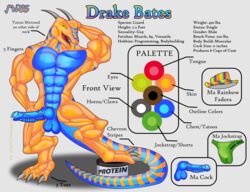 1boy abs absurd_res anthro balls blue_penis drake_bates english_text erection furry hi_res horns leaking lizard male male_only model_sheet mrd66 muscular nude penis pose precum reptile scalie simple_background solo testicles text thick_thighs