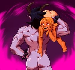 1girls ass borrowed_character demon female grin hetero larger_male long_hair muscular_male nude orange_hair pale pink_eyes rakintor size_difference tanline tanned thai_(boonsky)