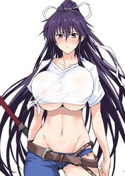 1girls athletic_female big_breasts blush busty embarrassed female fit_female hair_ornament halcon harukon_(halcon) huge_breasts jeans kanzaki_kaori katana large_breasts light-skinned_female long_hair midriff navel nipples pants purple_eyes purple_hair single_pantsleg slim_waist tied_shirt to_aru_majutsu_no_index transparent underboob very_long_hair voluptuous