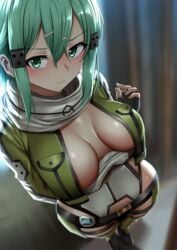 1girls alternate_breast_size aqua_eyes aqua_hair asada_shino belt big_breasts blue_eyes blue_hair blush breasts female ginhaha gun_gale_online hair_ornament hairclip human jacket looking_at_viewer scarf short_hair_with_long_locks single_girl sinon solo solo_female sword_art_online sword_art_online:_phantom_bullet