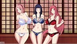 3girls artemisumi female female_only hyuuga_hinata lingerie multiple_girls naruto naruto:_the_last naruto_(series) naruto_shippuden posing sakura_haruno uzumaki_kushina whentai