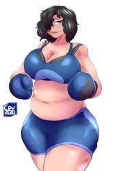 2020 big_breasts black_hair blue_boxing_gloves blue_eyes blue_gloves boxing_gloves breasts cev chubby cleavage female female_focus female_only gym_clothes hair hair_over_one_eye looking_at_viewer muscles overweight overweight_female short_hair shorts smile tank_top thick_thighs