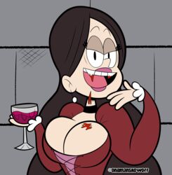 breasts curvaceous curvy curvy_figure dark_hair earrings eyelashes fangs female female_only glass griselda griselda_(the_loud_house) large_breasts lipstick long_hair looking_at_viewer nickelodeon oboithisisfunky smile smiling smiling_at_viewer straight_hair the_loud_house tight_clothing top_heavy vampire vampires_of_melancholia wine wine_glass