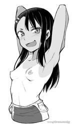 1girls areolae armpits arms_behind_head arms_up belly belly_button black_hair breasts female female_focus female_only ghettoyouth grin hair hair_ornament hayase_nagatoro long_hair looking_at_viewer monochrome mostly_nude nipples one-piece_tan open_mouth partially_clothed partially_nude please_don't_bully_me,_nagatoro pussy simple_background smile solo solo_female solo_focus tanline teenage_areola teenage_tits topless white_background