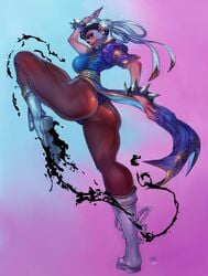 1girls 2020 ass boots breasts cheongsam chun-li clothed dress dress_aside dress_lift elsevilla female female_only hair_buns high_kick muscular muscular_female muscular_legs pantyhose sideboob solo solo_female street_fighter thick_thighs