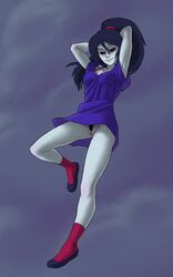 1girls adventure_time armpits arms_behind_head batterbee black_sclera blue_dress cleavage clothes dress_lift female grey_skin half-closed_eyes light_smile lips long_hair looking_at_viewer marceline midair nopan ponytail pubic_hair pussy red_eyes red_socks sky solo