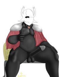 balls big_penis cape chubby fat gorgus_(hollow_knightoc) hb-edstar hollow_knight male_focus male_only penis shoulder_pads sitting_on_bench solo_male thumbs_up