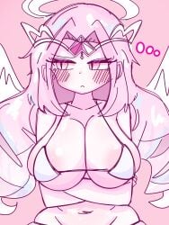 angel_wings artist_request big_breasts bikini cookie_run cookie_run_kingdom crossing_arms dots embarrassed embarrassed_female eternal_sugar_cookie halo light-skinned_female long_hair looking_away pink_body pink_eyes pink_hair pouting solo_female solo_focus tagme white_bikini white_bikini_bottom white_bikini_top