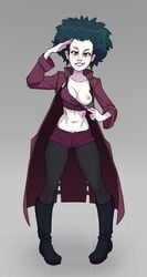 advance_wars batterbee breasts cleavage female flashing full_body large_breasts lash lash_(advance_wars) nipples one_breast_out presenting_breasts salute solo standing