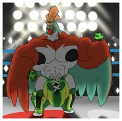 1boy abs anthro anthrofied avian bara beard big_muscles big_penis big_testicles boots bulge clothing facial_hair fighting_ring fingerless_gloves fist flexing footwear furry gloves hair handwear hawlucha hi_res huge_muscles huge_penis huge_testicles hyper hyper_bulge hyper_genitalia hyper_muscles hyper_penis hyper_testicles kokoro-doll lights looking_at_viewer male male_only mask moobs muscular nintendo nipples original_character pecs penis pokemon pokemon_xy ponytail shoes smile solo testicles topless video_games watermark what wings yellow_eyes