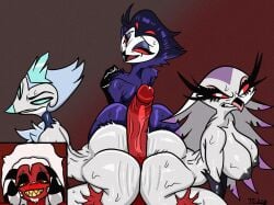 absurd_res anatid andrealphus_(helluva_boss) angry anseriform anserine anthro avian avian_demon big_breasts big_butt big_penis bird blue_body blue_eyes blue_fur blue_hair bodily_fluids breasts brother_(lore) brother_and_sister_(lore) butt demon eyelashes female femboy fur galliform genitals grey_body grey_fur grey_hair group hair hellaverse helluva_boss hi_res hot_dogging hot_dogging_pov husband husband_and_wife imp leg_grab long_eyelashes long_hair looking_back male male/female male/male married_couple nude owl owl_demon peafowl penis phasianid red_body red_eyes red_skin sex short_hair sibling_(lore) simple_background sister_(lore) smile stella_(helluva_boss) stolas_(helluva_boss) swan sweat sweaty_butt tezcaart thigh_grab white_body white_face white_fur white_hair wife yellow_eyes