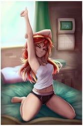 armpits arms_up bed bed_sheet bedroom black_panties closed_eyes equestria_girls morning my_little_pony sunset_shimmer the-park two_tone_hair white_shirt