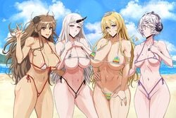 4girls beach big_breasts bikini blonde_hair breasts brown_hair crossover female female_only hair horn iowa_(kantai_collection) kantai_collection krabby_(artist) large_breasts long_hair multiple_girls nipples patreon renka_(senran_kagura) seaport_hime senran_kagura shinkaisei-kan supply_depot_hime thighs url video_games white_hair