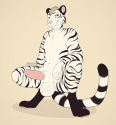 2020 anthro balls biped bodily_fluids crouching felid fingers fur genital_fluids genitals green_eyes hair hi_res humanoid_penis looking_at_viewer male male_only mammal pantherine penis precum senimasan simple_background smile solo striped_body striped_tail stripes text tiger white_body white_fur yellow_background