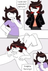 1boy 1girls 69 ass blowjob comic cum cum_in_mouth dialogue ejaculation emo faceless_male fellatio female female_focus finger_on_chin hair hair_over_one_eye highres jacket jaiden jaiden_animations male oral oral_sex penis testicles text text_box thinking thrumbo white_skin youtube youtuber