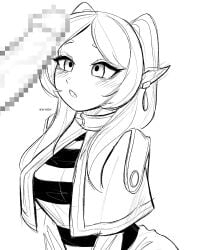 1boy1girl 2026 artist_name artofjet_(artist) black_and_white blush breasts censored censored_penis clothed clothing digital_media_(artwork) double_ponytail earrings elf elf_ears erect_penis erection female frieren frieren_beyond_journey's_end fully_clothed hi_res large_penis looking_at_penis male male/female mosaic_censoring open_mouth penis ponytail simple_background sousou_no_frieren white_background