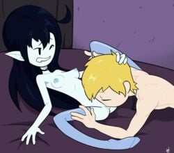 1boy 1girls adventure_time bed biting_lip black_hair blonde_hair blue_skin choker finn_the_human marceline n3f oral pointy_ears stockings vampire