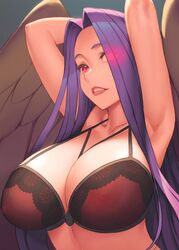 1girls 2020 armpits arms_behind_head arms_up bra bust busty cleavage close-up fate/grand_order fate_(series) female female_only glowing_eyes huge_breasts lingerie lips long_hair looking_at_viewer medusa_(fate) nipples pink_eyes portrait purple_hair rotix see-through_bra solo wings