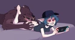 1boy 1boy1girl 1girls anthro ass ass_grab batterbee bottomless casual_sex cunnilingus feet female gaming hat howie_(batterbee) licking male male/female nintendo_switch oral pink_eyes sex size_difference smile t-shirt terby_(batterbee) tongue_out vampire werewolf