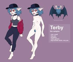 bat batterbee camisole casual_nudity character_sheet clothes_removed english_text feet female full_body hat looking_at_viewer medium_breasts nonsexual_nudity nude pink_eyes pubes red_jacket simple_background solo standing terby_(batterbee) vampire