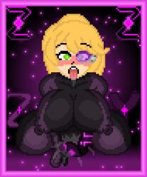 alisha_ahsila big_breasts blonde_hair blush bodysuit breasts drool drooling drooling_tongue green_eyes large_breasts masturbating masturbation nipple_bulge nipples nipples_visible_through_clothing pixel_art pussy_ejaculation pussy_juice pussy_juice_drip pussy_juice_drip_through_clothes robotic_arm robotic_arms robotic_limb saliva saliva_on_tongue scouter self_upload sitting sitting_on_ground tongue tongue_out zixy