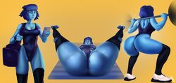 1girls ass blue_eyes blue_hair blue_skin breasts cleavage exercise female gem_(species) girok gym headband lapis_lazuli_(steven_universe) legwear leotard looking_at_viewer on_back phone spread_legs spreading squats steven_universe stretching tagme weightlifting workout yellow_background yoga