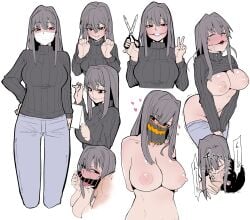 1boy black_hair black_sweater body_horror breasts censored closed_eyes commentary cropped_legs fellatio female glasgow_smile grin hair_between_eyes heart highres holding holding_mirror horror japanese_mythology japanese_urban_legends kissing kuchisake-onna large_breasts licking licking_penis long_hair long_sleeves male mask miitoban mirror monster_girl mouth_mask multiple_views mythology nightmare_waifu nipples nude oral original pants penis public_domain purple_lips red_eyes ribbed_sweater scissors simple_background smile stitches stitching straight surgical_mask sweater tongue tongue_out turtleneck turtleneck_sweater urban_legend v white_background youkai