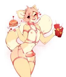 1boy bondage burger cup drink erection fast_food femboy food frenky_hw furry girly male male_only nude one_eye_closed penis pink_hair pose simple_background solo tail thick_thighs tongue_out trap