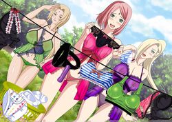 3girls artemisumi babydoll blush boruto:_naruto_next_generations bra breasts_visible_through_clothing clothes_line female female_only ino_yamanaka laundry_basket lingerie multiple_girls naruto nipples_visible_through_clothing panties sakura_haruno strap-on tsunade underwear visible_nipples whentai